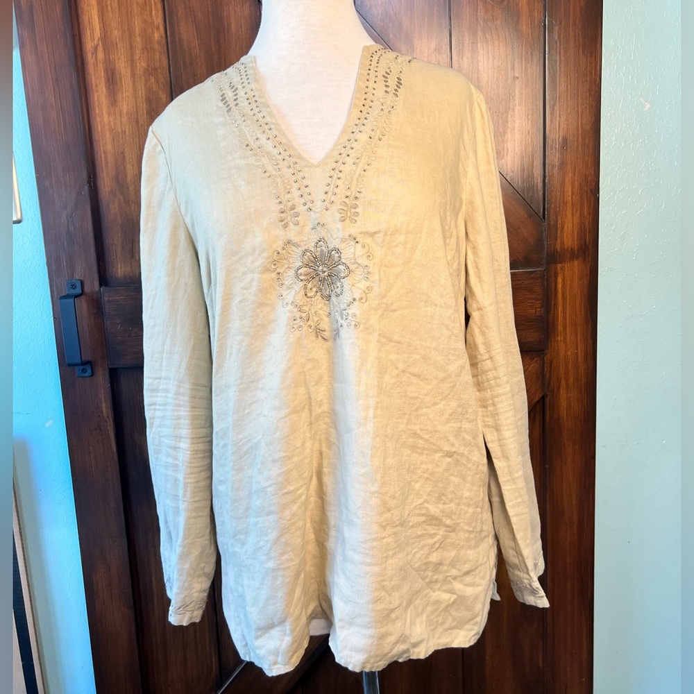 Josephine Chaus Sport 100% Linen Embroidered Beaded Beige/Tan Women's L Top